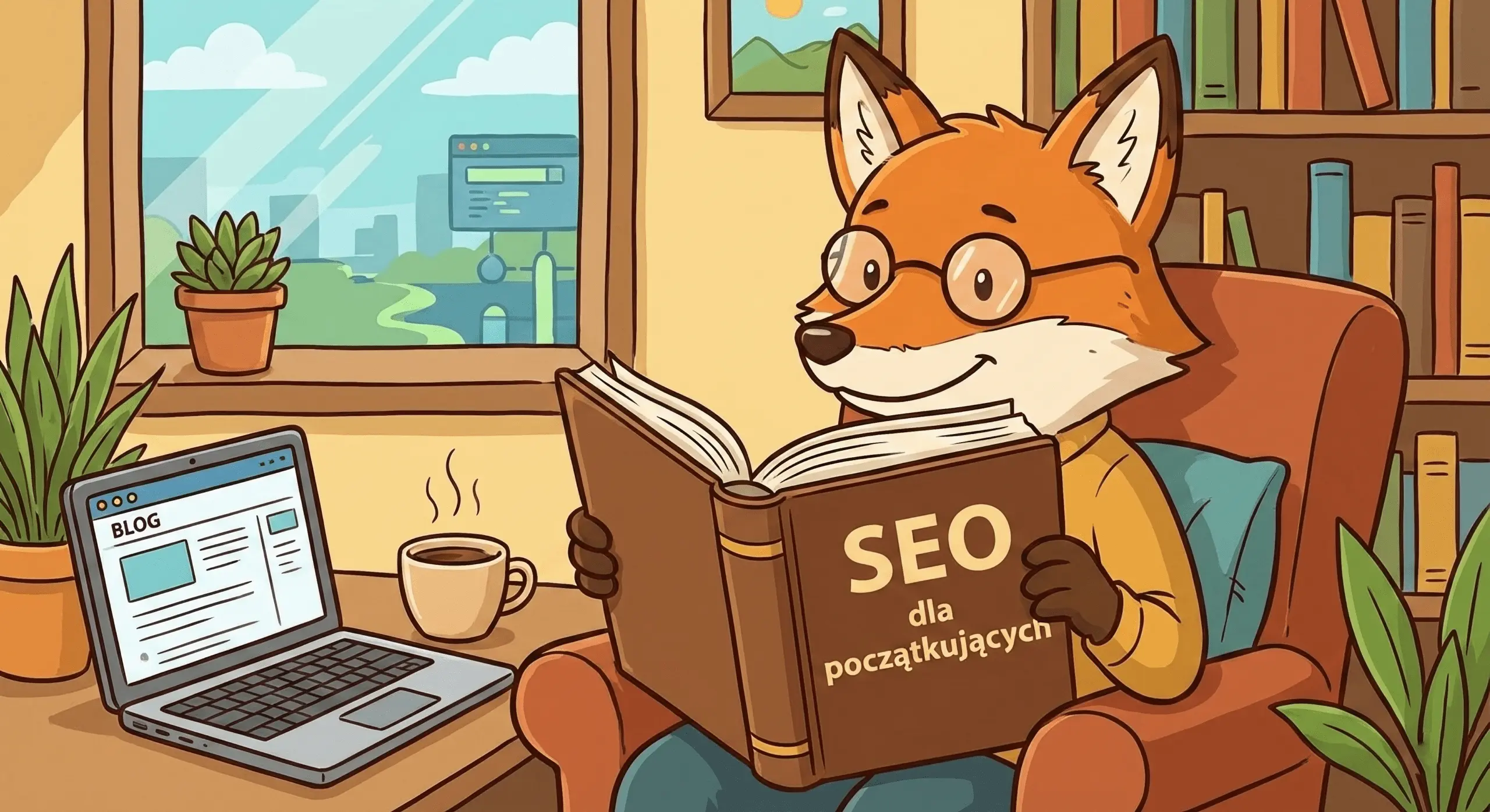 Kreskówkowa postać czytająca książkę o podstawach SEO, symbolizująca naukę pozycjonowania.