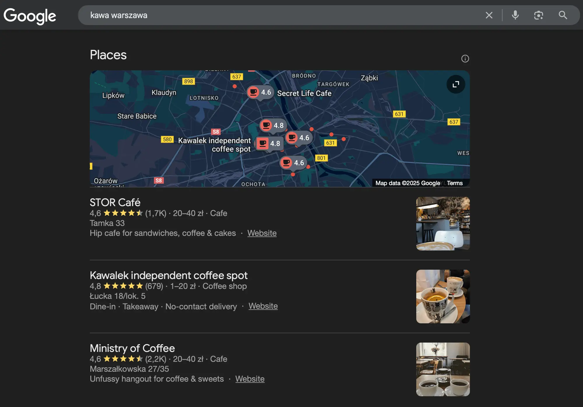 Wyniki pozycjonowania w Google Maps: zrzut ekranu Map Packa dla zapytania "kawa warszawa"