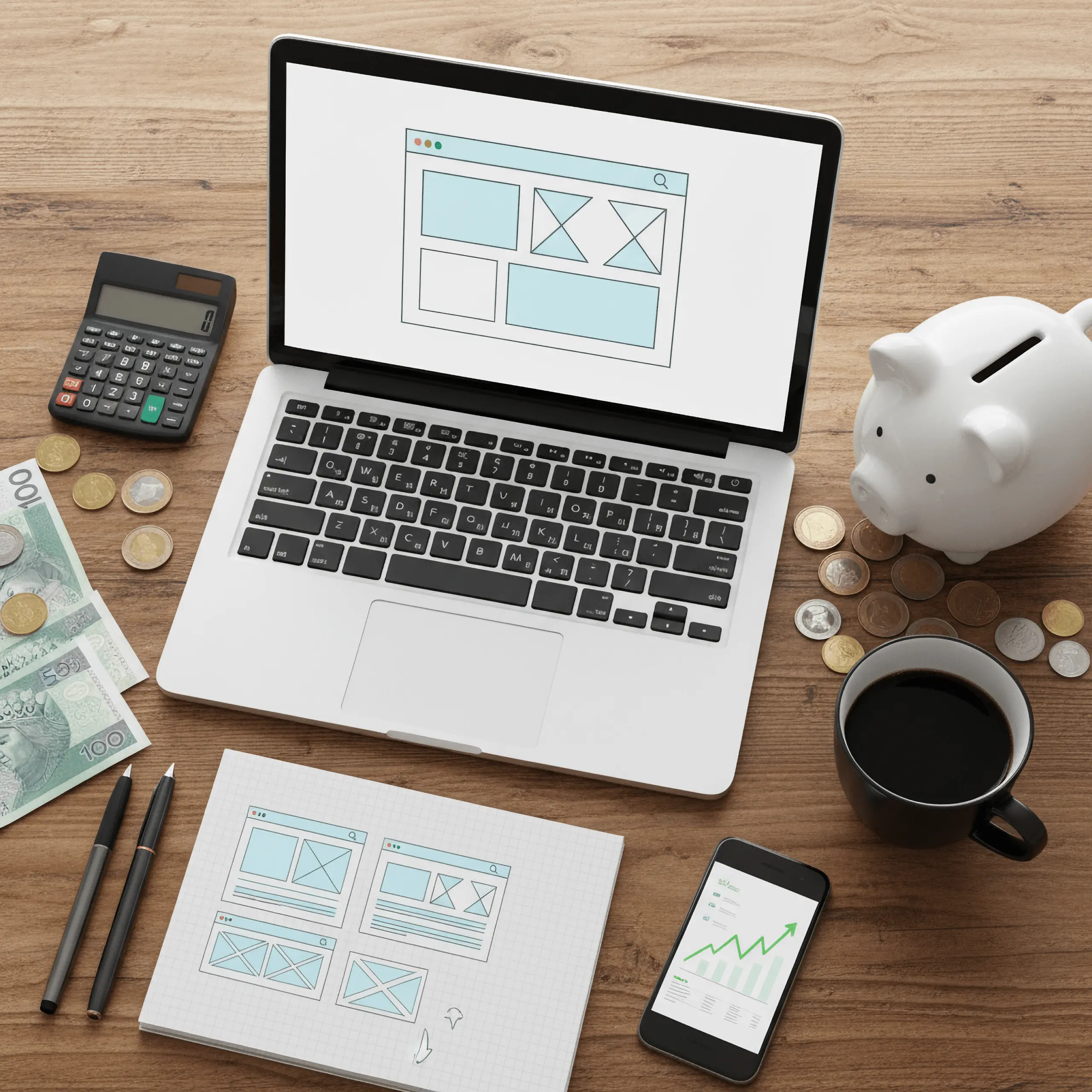 Przedsiębiorca obliczający ile kosztuje strona internetowa, z laptopem pokazującym projekt i szkicami na biurku