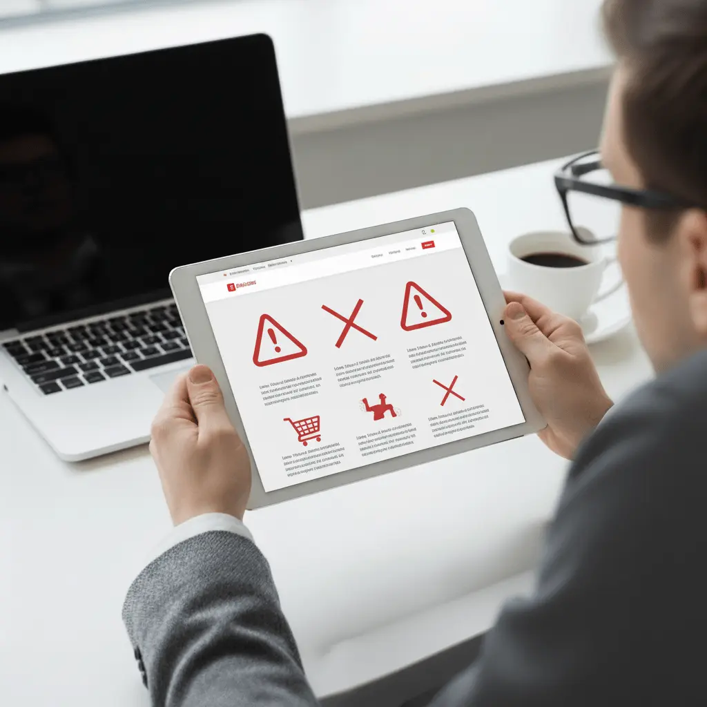 Przedsiębiorca przeglądający na tablecie krytyczne błędy na stronie firmowej, które odstraszają klientów.